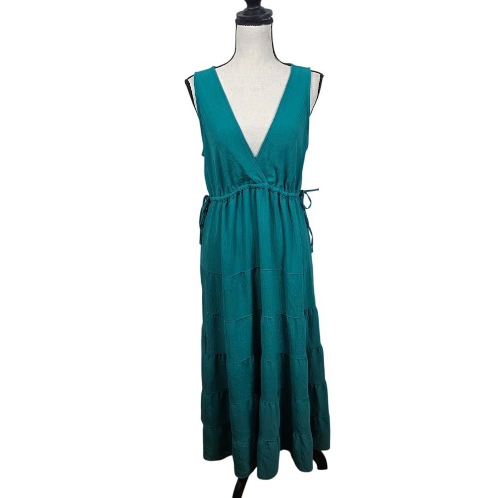 Max Studio Maxi Dress Womens L Teal /Green Tiered V-Neck Drawstring Boho Cottage